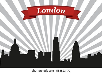 London city skyline with rays background and ribbon