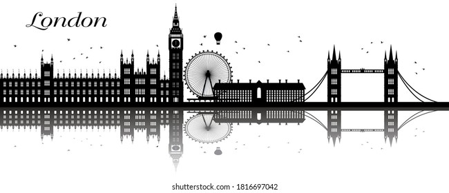 El horizonte de la ciudad de Londres y la sombra sobre el río. Ilustración vectorial aislada en fondo blanco.