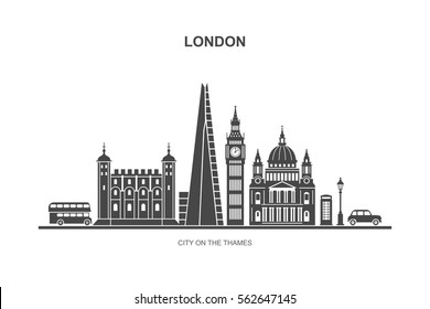 London city skyline silhouette background. Vector illustration of most famous London attractions. Isolated on white background.