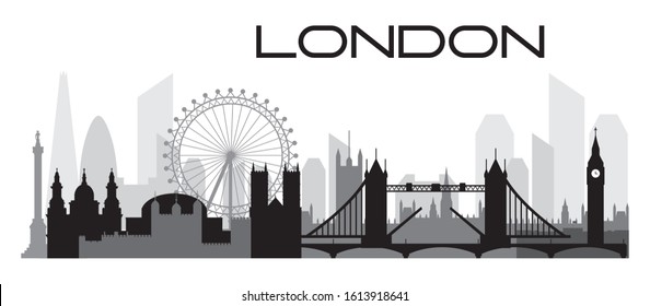 London city skyline silhouette vector Illustration in black and grey colors isolated on white background. Panoramic vector silhouette Illustration of landmarks of London, England.