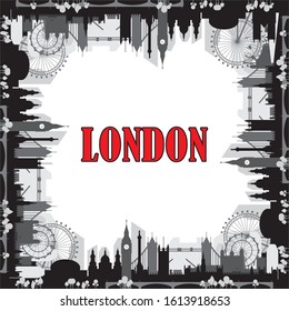 London city skyline silhouette vector square closed illustration in black and grey colors isolated on white background. Square vector silhouette Illustration of landmarks of London, England.