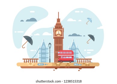 London city skyline vector illustration. Famous places of interest such as Big Ben tower and british double decker bus flat style concept. Clouds and umbrellas on background