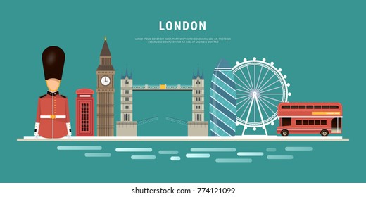 London city skyline. Vector illustration of most famous London attractions in trendy flat style. flat design blue background.