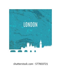 London City skyline white silhouette on blue texture background. Big Ben, Westminster Abbey, Tower bridge. Architecture of England. Great Britain capital panorama. London landmark vector illustration.