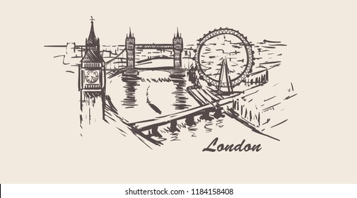 London city skyline,hand-drawn sketch vector illustration