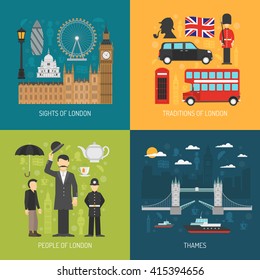 London city symbols landmarks and traditions for travelers 4 flat icons composition banner abstract isolated vector illustration