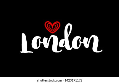 London city text with red love heart design on black background for typographic logo icon design
