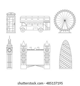 London City Thin Line Pixel Perfect Art. Bus, Call-box, Skyline, Bridge and other London's map landmarks for tourist. Vector illustration