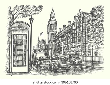 London city traffic scene with popular landmarks, hand drawn, sketch style,isolated,vector illustration.