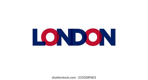 London city in the United Kingdom. The design features a geometric style vector illustration with bold typography in a modern font on white background.