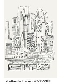 London city Vector illustration in simple minimal geometric flat style - city landscape with buildings, hills and trees - abstract horizontal banner and background with copy space for text - 