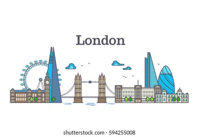 London city view, urban skyline with buildings, europe landmarks modern flat vector illustration