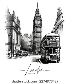 London city's street in sketch art style, outlined landscape