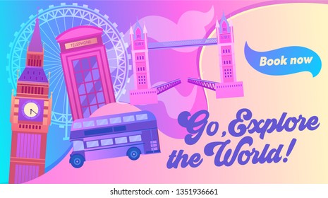 London Cityscape with All Famous Building Color Image. Around World Travel Concept Banner. Red Bus, Big Ben, Phone Booth, Tower Bridge England Symbol. Flat Cartoon Vector Illustration