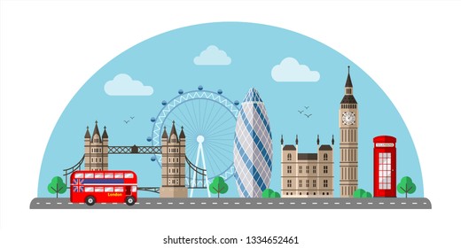 London cityscape flat vector illustration. Great Britain tourist attractions cliparts. World famous UK architectural landmarks. England sightseeing tour