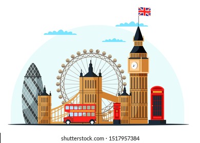 London cityscape flat vector illustration. Great Britain tourist attractions cliparts. World famous UK architectural landmarks. England sightseeing tour