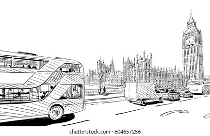 London cityscape hand drawn. Big Ben. England. vector illustration.