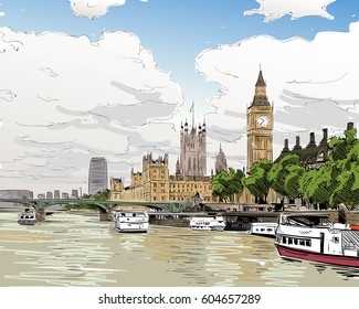 London cityscape hand drawn. Big Ben. England. vector illustration.