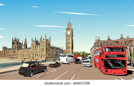 El paisaje urbano de Londres dibujado a mano. Big Ben. Inglaterra. ilustración vectorial.