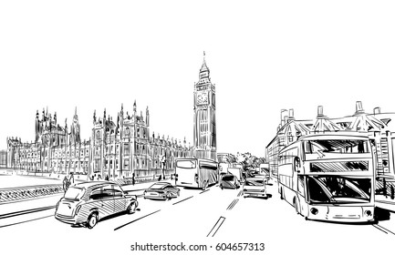 London cityscape hand drawn. Big Ben. England. vector illustration.