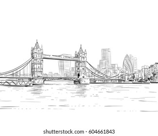 London cityscape. Hand drawn Tower Bridge. England. Vector illustration