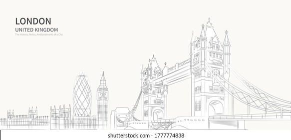 london cityscape line vector. sketch style british landmark illustration 