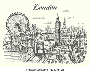 London cityscape panorama from birds eye view,hand drawn,sketch style,isolated,vector,illustrations