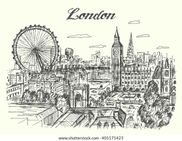 London Cityscape Panorama Birds Eye Viewhand Stock Vector (Royalty Free ...