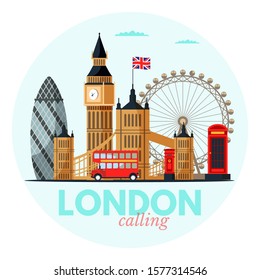 London cityscape vector clipart with lettering. Great Britain tourist attractions flat drawing. World famous UK architectural landmarks. Symbols of England. Red telephone box, bus