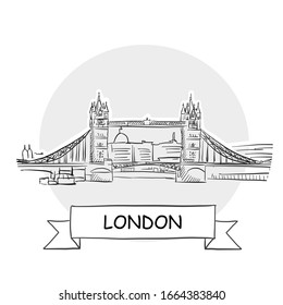 London Cityscape Vector Sign. Line Art Illustration with Ribbon and Title.