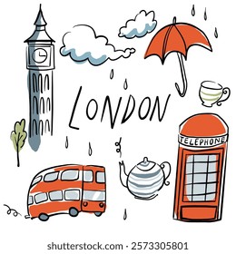 London clip art, coloured simple illustrations featuring Big Ben, red buses and red telephone box, iconic london drawings