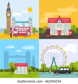 London colored compositions with four square icon set about tourist places and attractions vector illustration