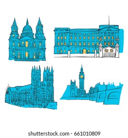 London Colored Landmarks, Scalable Vector Monuments. Filled with Blue Shape and Yellow Highlights.  svg