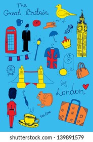 London colored objects on blue background