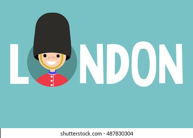 London Conceptual Illustrated Sign: Smiling Beefeater Wearing Uniform. British Royal Guard / Flat Vector Illustration