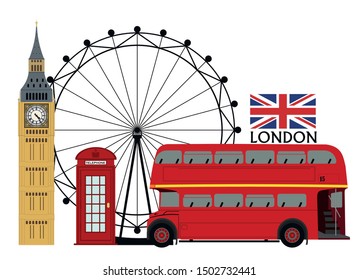 London cultural icon recognized all over the world. Clock tower. Ferris wheel Vector. Red bus vector illustration. red phone box , vector illustration. British cultural icon throughout the world.