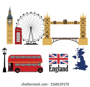 London cultural icon recognized all over the world. Clock tower. Ferris wheel Vector. Red bus vector illustration. red phone box , vector illustration. British cultural icon throughout the world.