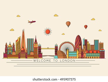 London detailed Skyline. Travel and tourism background. Vector background. line illustration. Line art style