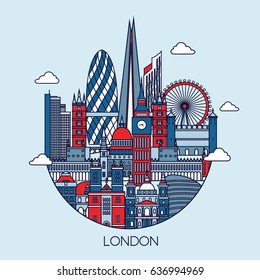London detailed skyline. Travel and tourism background. Vector line illustration.