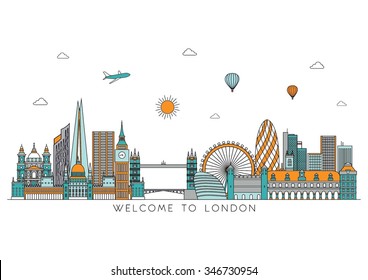 London detailed Skyline. Vector background. line illustration. Line art style