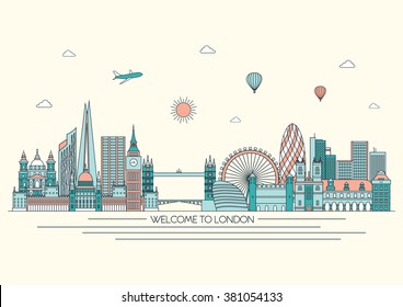 London detailed skyline. Vector background. line illustration. Line art style