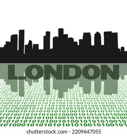 London docklands skyline reflected with binary code foreground illustration