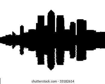 London docklands skyline reflected with ripples illustration
