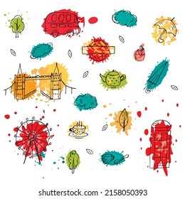 London. Doodle cartoon illustration of english sights and traditions. Vector illustration in red green blue yellow colors for brochures banners travel cards packaging maps. Travelling.