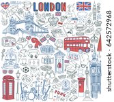 London doodle set. Landmarks, architecture and traditional symbols of English culture - Big Ben, Tower Bridge, Royal crown, red telephone box, Union Jack. Isolated on white background.
