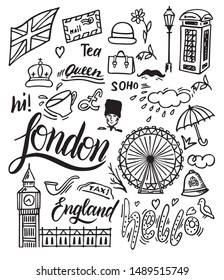 London doodle set. Landmarks, architecture and traditional symbols of English culture - Big Ben, Royal crown, red telephone box, Union Jack. Isolated on white background.