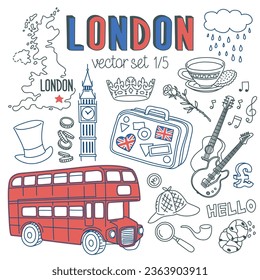 London doodle set. Landmarks, architecture and traditional symbols of English culture. Drawings isolated on white background. Outline stroke is not expanded, stroke weight is editable