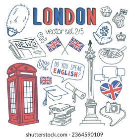 London doodle set. Landmarks, architecture and traditional symbols of English culture. Drawings isolated on white background. Outline stroke is not expanded, stroke weight is editable