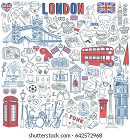 London doodle set. Landmarks, architecture and traditional symbols of English culture - Big Ben, Tower Bridge, Royal crown, red telephone box, Union Jack. Isolated on white background.