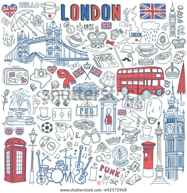 London
doodle set. Landmarks, architecture and traditional symbols of
English culture - Big Ben, Tower Bridge, Royal crown, red telephone
box, Union Jack. Isolated on white
background.